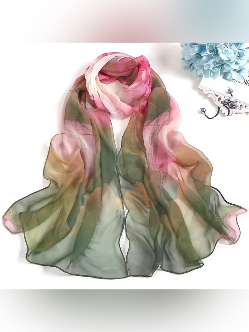 Lightweight Silk Acrylic Chiffon Pink and Green Sheer Women's Scarf